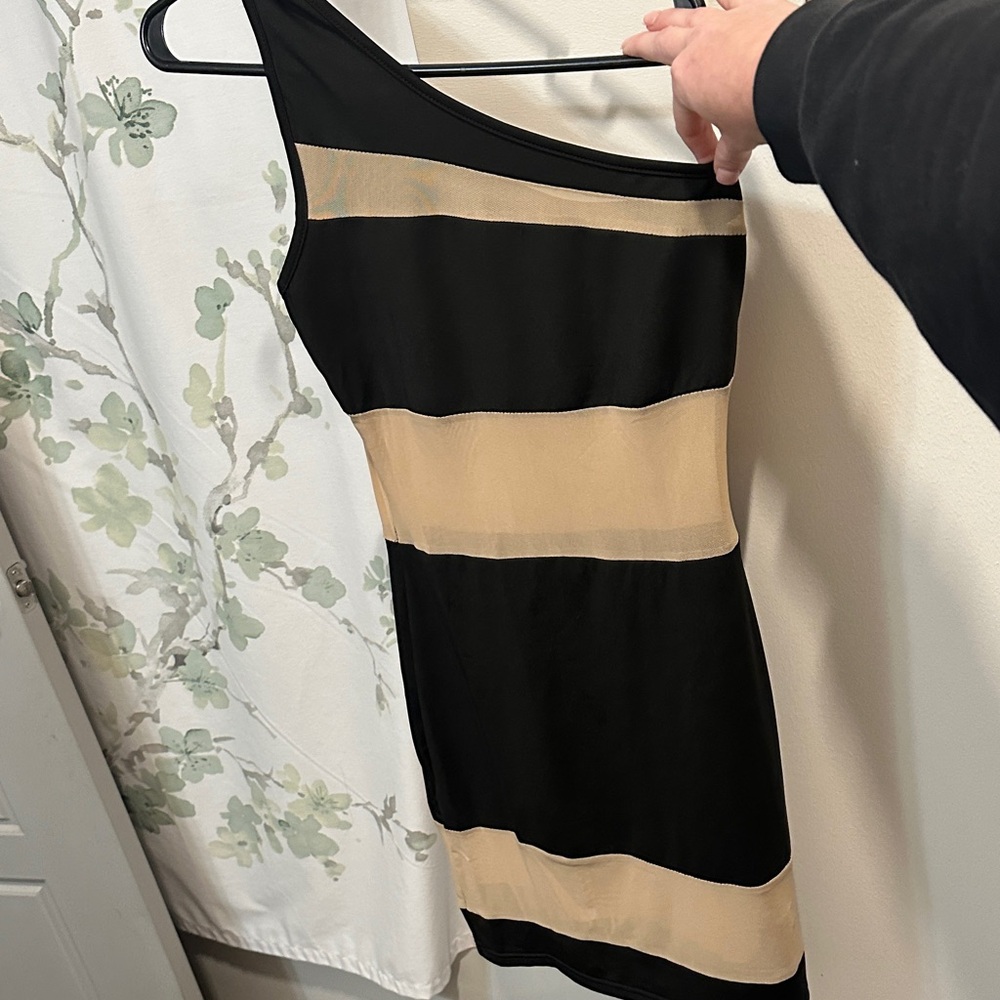 Elegant Black and Tan Striped Dress